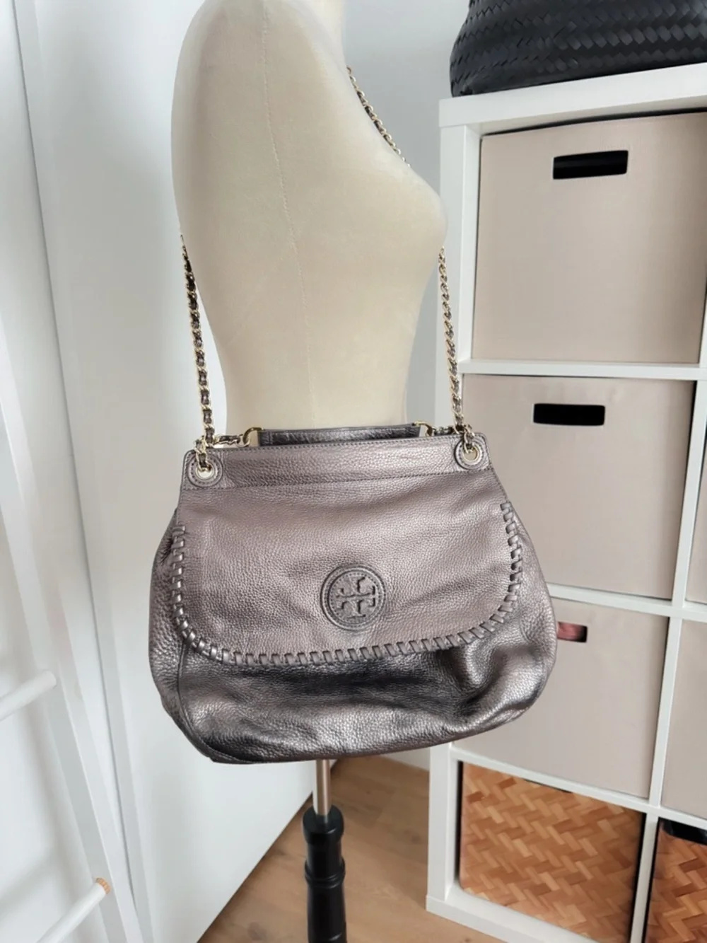 Tory Burch Marion Whipstitch Leather Saddle Bag Metallic Pewter